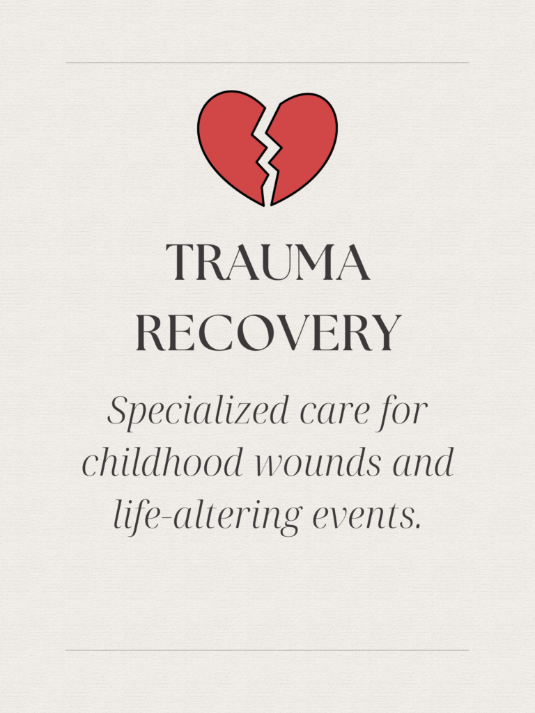 Graphic showing NorthWork Counseling's core services: Trauma Recovery, Anxiety Support, and Teen & Family therapy.